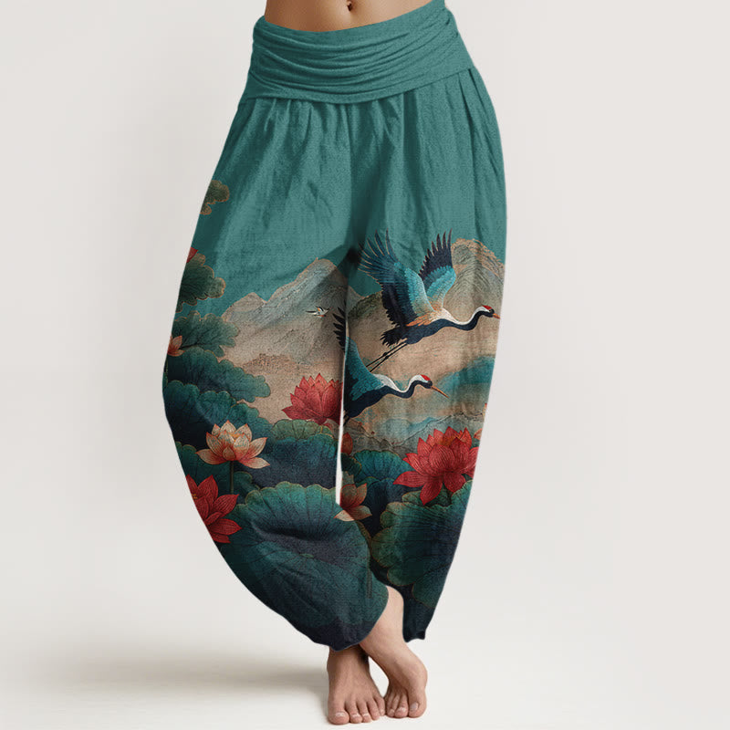 Buddha Stones Pantalon harem pour femme en coton à taille élastique, motif classique de fleur de lotus, de grue et de montagne - Sarcelle - US16，UK/AU20，EU48 (3XL) - image 5