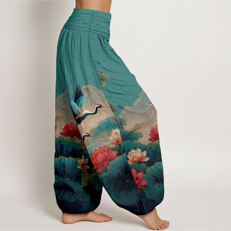 Buddha Stones Pantalon harem pour femme en coton à taille élastique, motif classique de fleur de lotus, de grue et de montagne - image 7