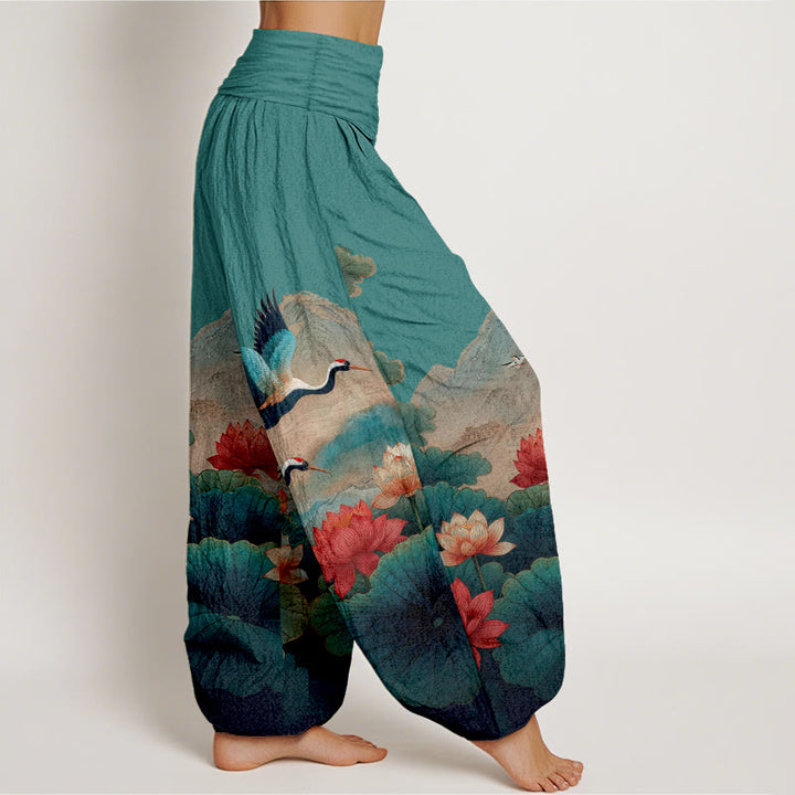 Buddha Stones Pantalon harem pour femme en coton à taille élastique, motif classique de fleur de lotus, de grue et de montagne - image 7