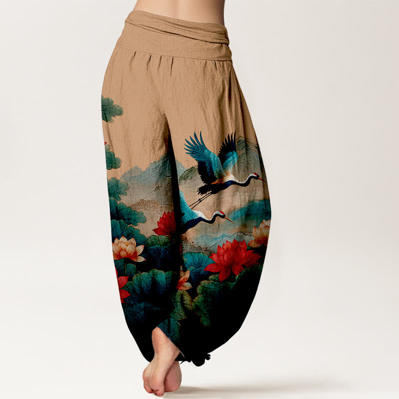 Buddha Stones Pantalon harem pour femme en coton à taille élastique, motif classique de fleur de lotus, de grue et de montagne - image 9