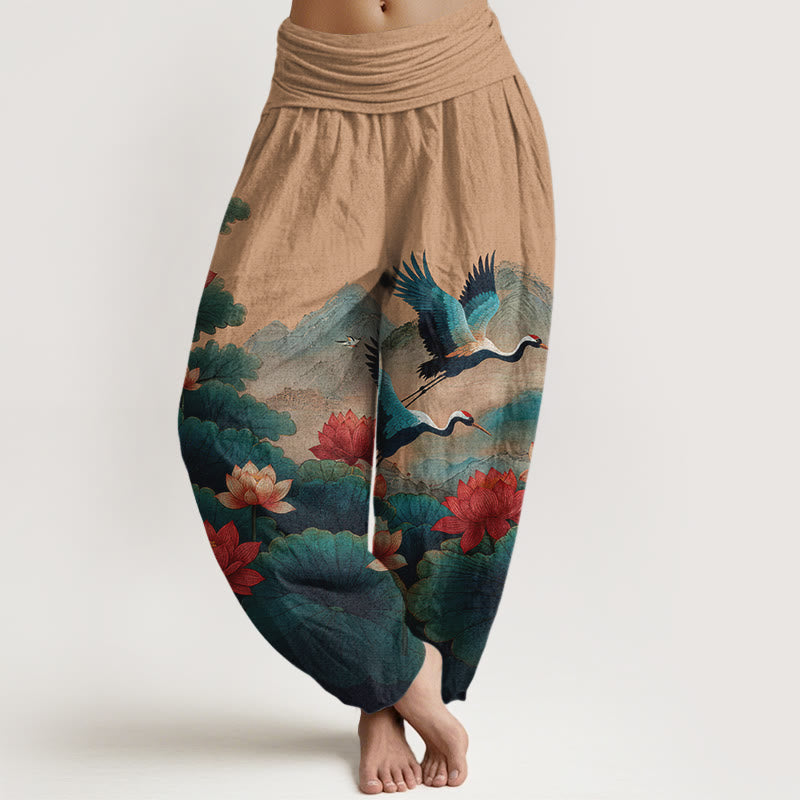 Buddha Stones Pantalon harem pour femme en coton à taille élastique, motif classique de fleur de lotus, de grue et de montagne - SandyBrown - US16，UK/AU20，EU48 (3XL) - image 8