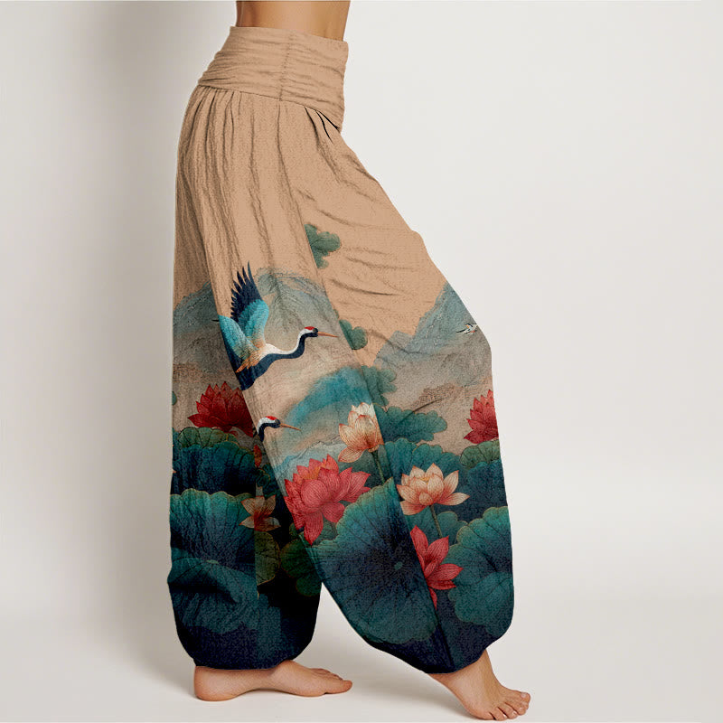 Buddha Stones Pantalon harem pour femme en coton à taille élastique, motif classique de fleur de lotus, de grue et de montagne - image 10