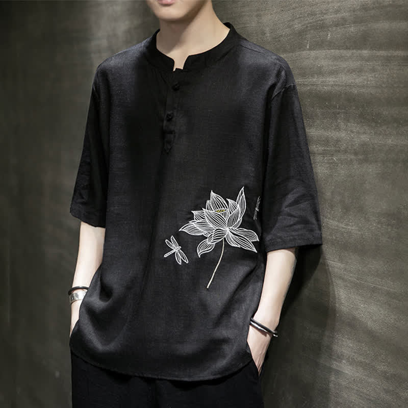 Buddha Stones T-shirt à manches courtes pour homme, motif lotus et libellule brodé, style grenouille chinoise, été - image 5