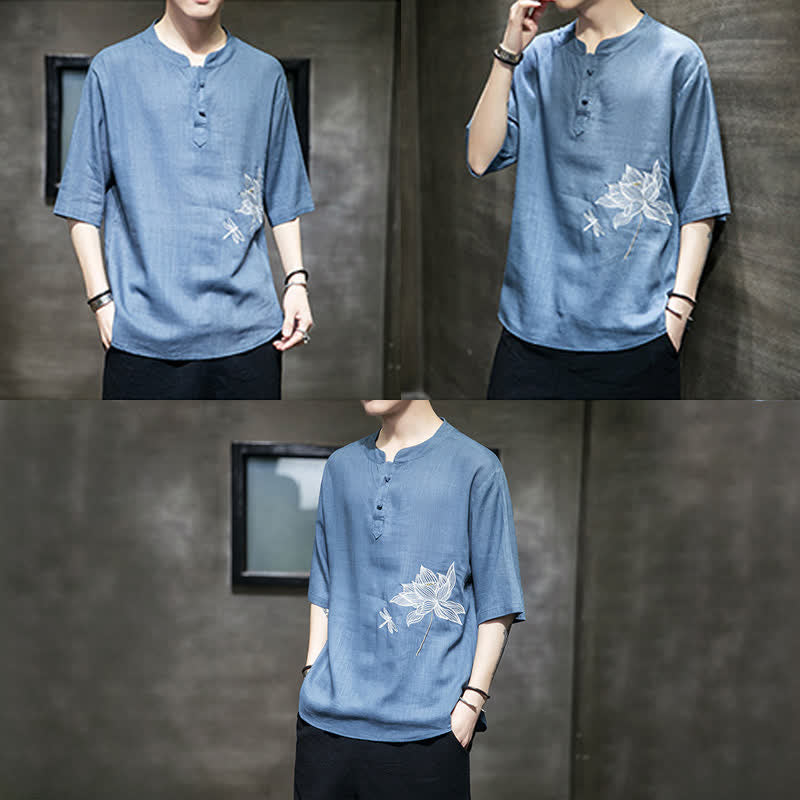 Buddha Stones T-shirt à manches courtes pour homme, motif lotus et libellule brodé, style grenouille chinoise, été - image 25