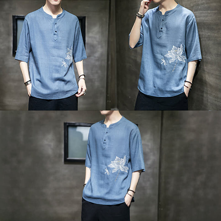 Buddha Stones T-shirt à manches courtes pour homme, motif lotus et libellule brodé, style grenouille chinoise, été - image 25