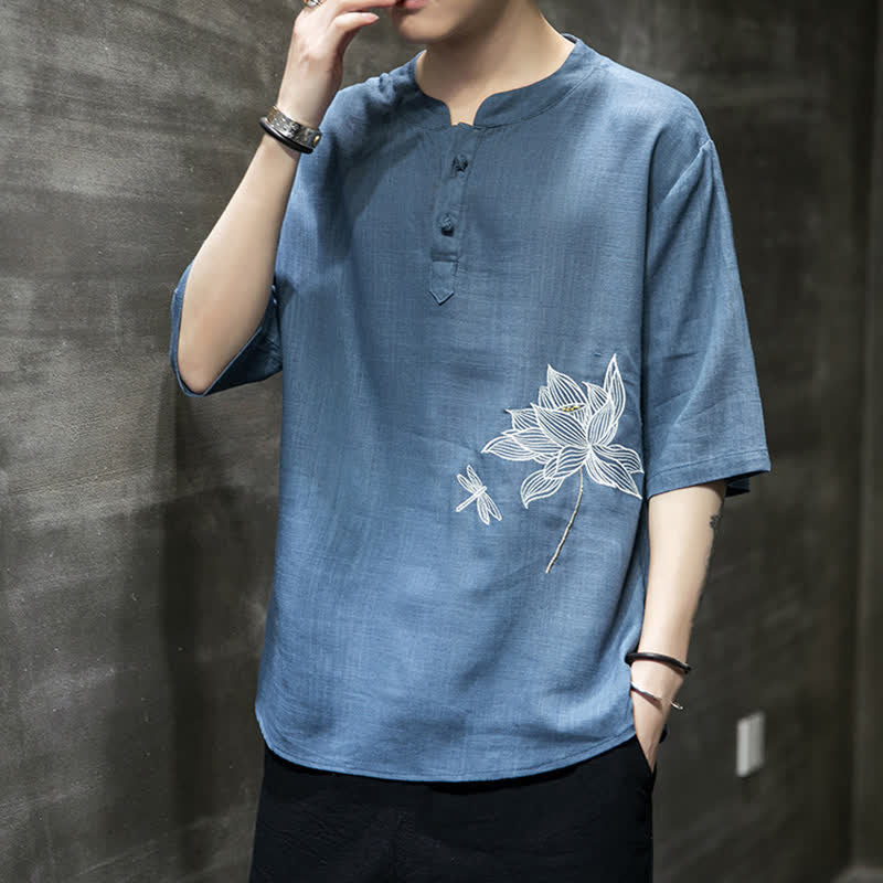 Buddha Stones T-shirt à manches courtes pour homme, motif lotus et libellule brodé, style grenouille chinoise, été - image 23