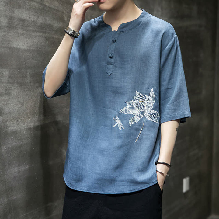 Buddha Stones T-shirt à manches courtes pour homme, motif lotus et libellule brodé, style grenouille chinoise, été - image 23