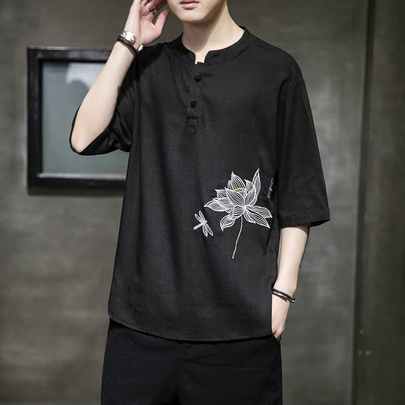 Buddha Stones T-shirt à manches courtes pour homme, motif lotus et libellule brodé, style grenouille chinoise, été - image 1