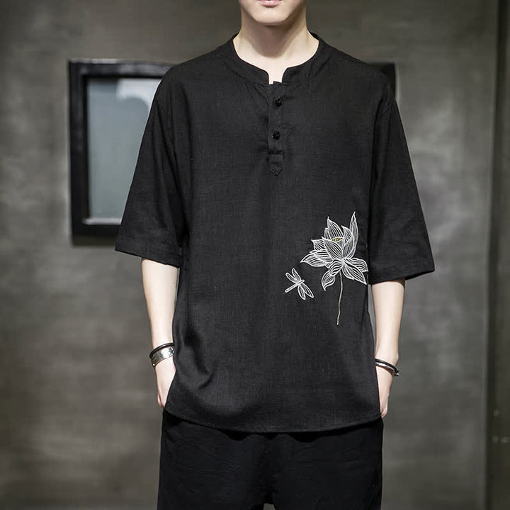 Buddha Stones T-shirt à manches courtes pour homme, motif lotus et libellule brodé, style grenouille chinoise, été - Noir - US/UK/AU46，EU56 (5XL) - image 0