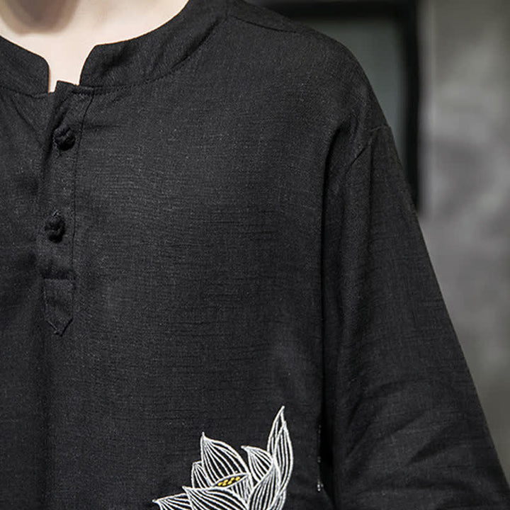 Buddha Stones T-shirt à manches courtes pour homme, motif lotus et libellule brodé, style grenouille chinoise, été - image 7