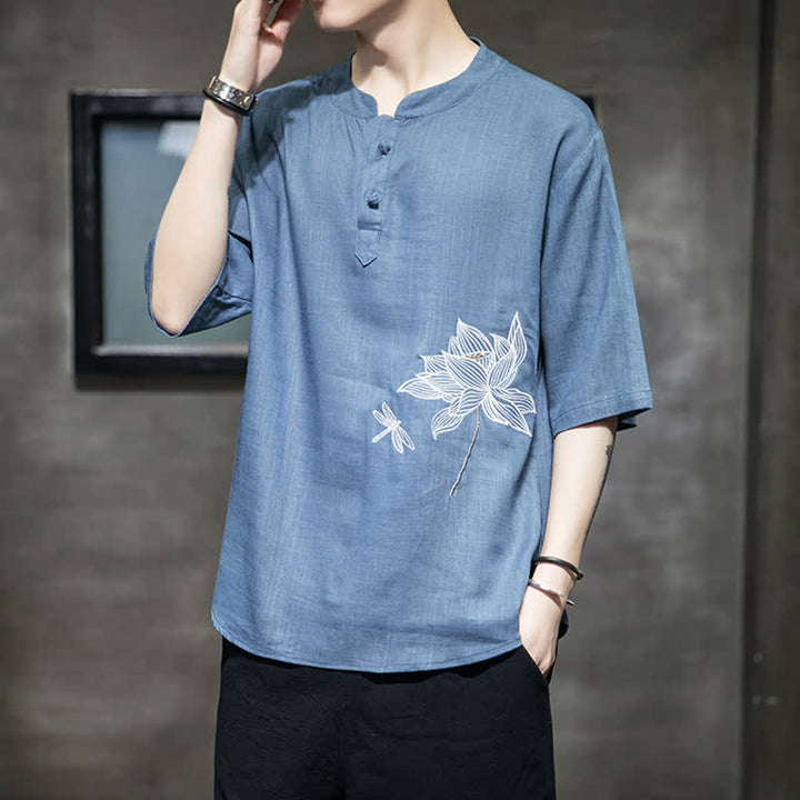 Buddha Stones T-shirt à manches courtes pour homme, motif lotus et libellule brodé, style grenouille chinoise, été - Bleuet - US/UK/AU46，EU56 (5XL) - image 18