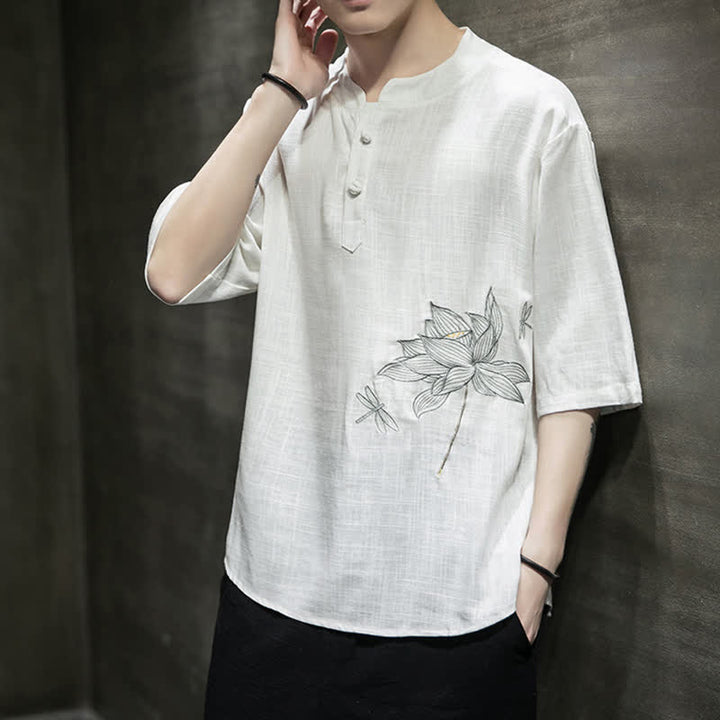 Buddha Stones T-shirt à manches courtes pour homme, motif lotus et libellule brodé, style grenouille chinoise, été - image 16