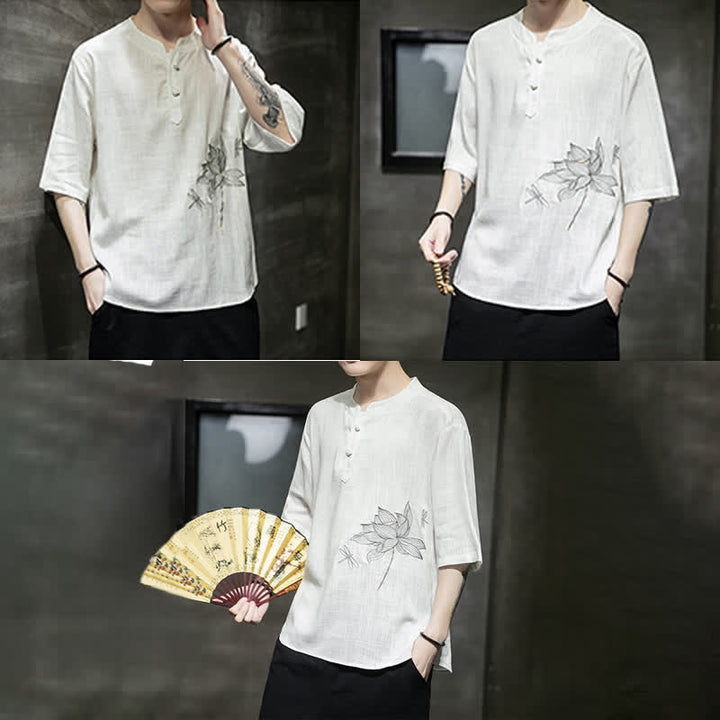Buddha Stones T-shirt à manches courtes pour homme, motif lotus et libellule brodé, style grenouille chinoise, été - image 17