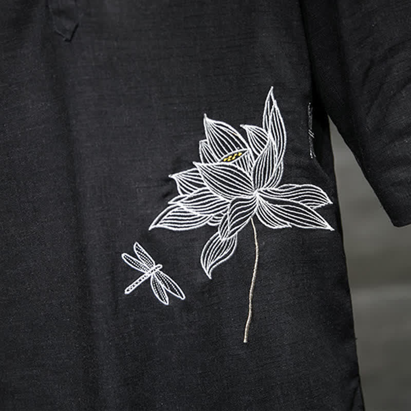 Buddha Stones T-shirt à manches courtes pour homme, motif lotus et libellule brodé, style grenouille chinoise, été - image 8