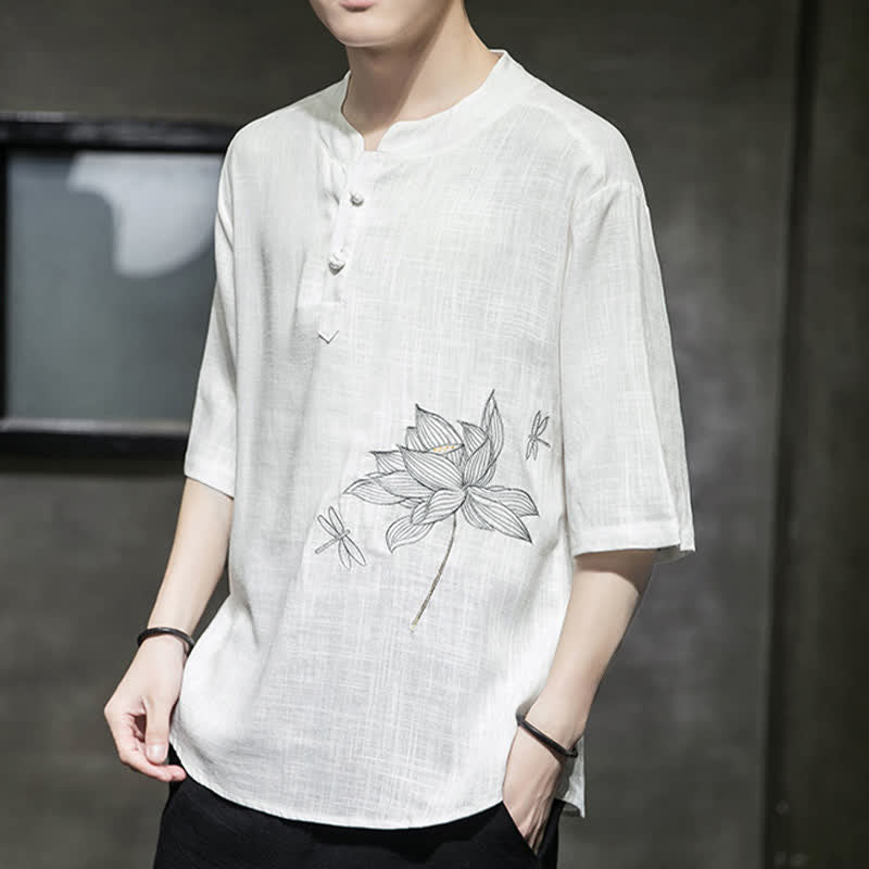 Buddha Stones T-shirt à manches courtes pour homme, motif lotus et libellule brodé, style grenouille chinoise, été - image 11