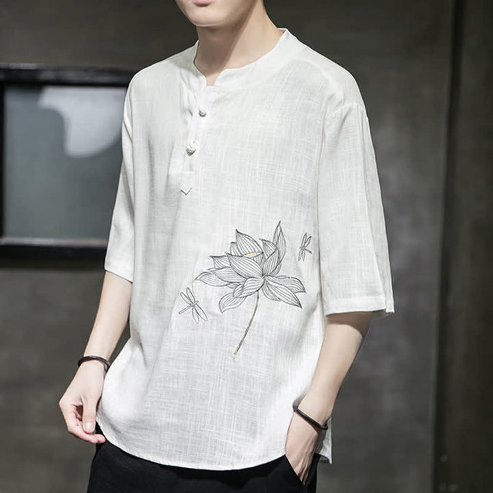 Buddha Stones T-shirt à manches courtes pour homme, motif lotus et libellule brodé, style grenouille chinoise, été - image 11