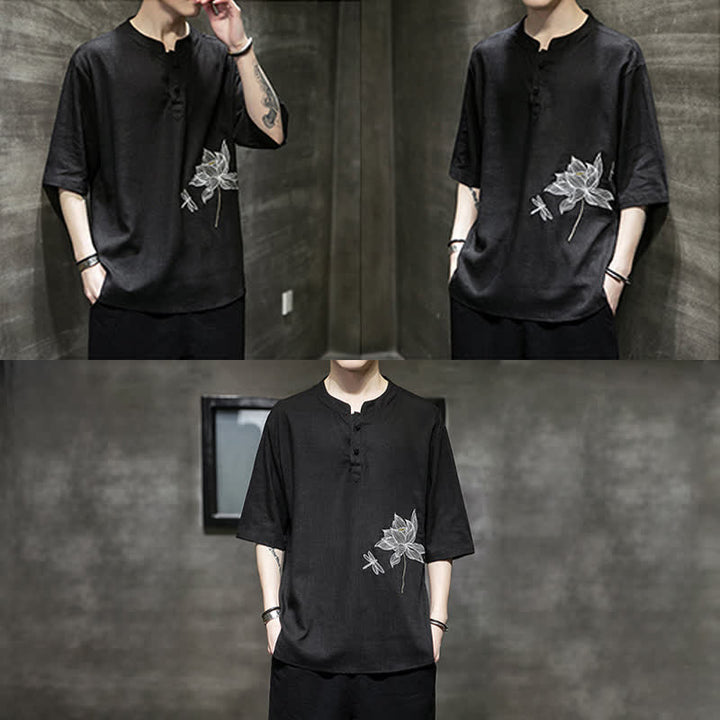 Buddha Stones T-shirt à manches courtes pour homme, motif lotus et libellule brodé, style grenouille chinoise, été - image 9