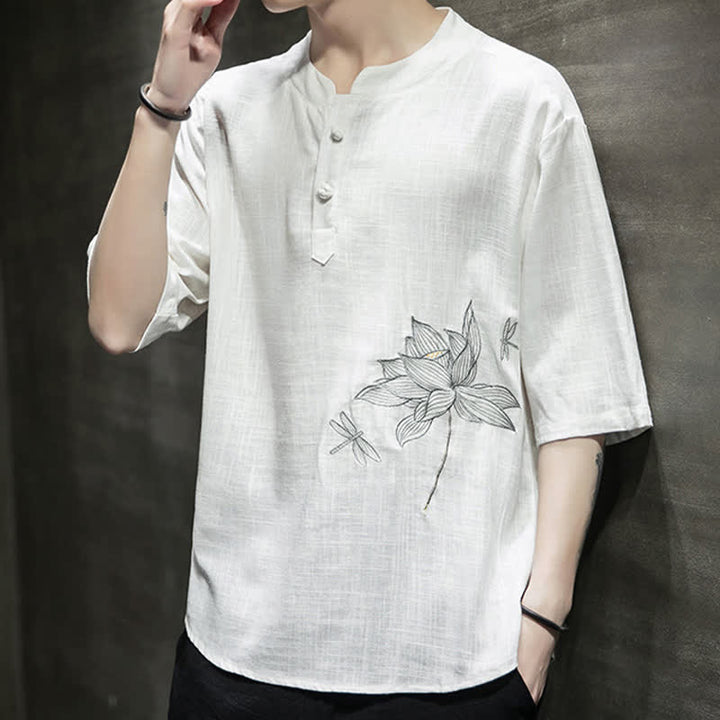 Buddha Stones T-shirt à manches courtes pour homme, motif lotus et libellule brodé, style grenouille chinoise, été - image 14