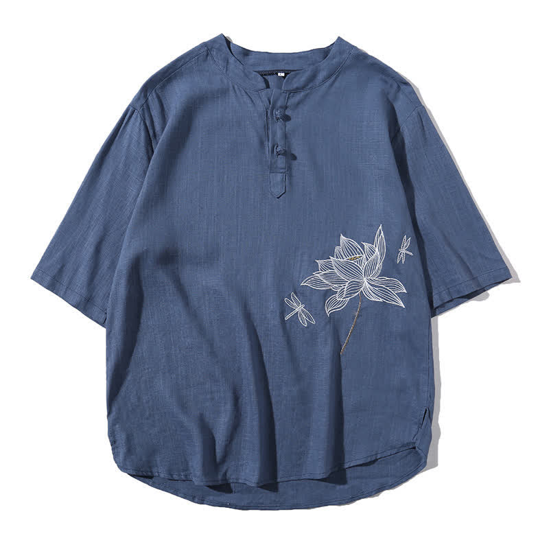 Buddha Stones T-shirt à manches courtes pour homme, motif lotus et libellule brodé, style grenouille chinoise, été - image 26