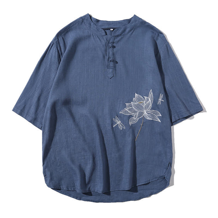 Buddha Stones T-shirt à manches courtes pour homme, motif lotus et libellule brodé, style grenouille chinoise, été - image 26