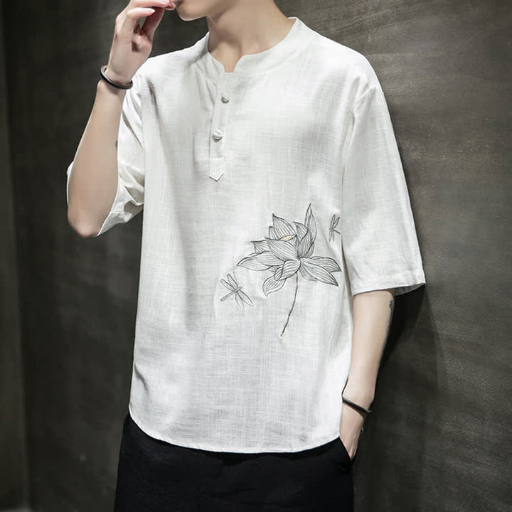 Buddha Stones T-shirt à manches courtes pour homme, motif lotus et libellule brodé, style grenouille chinoise, été - image 15