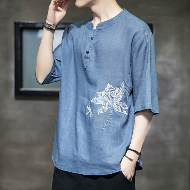 Buddha Stones T-shirt à manches courtes pour homme, motif lotus et libellule brodé, style grenouille chinoise, été - image 19