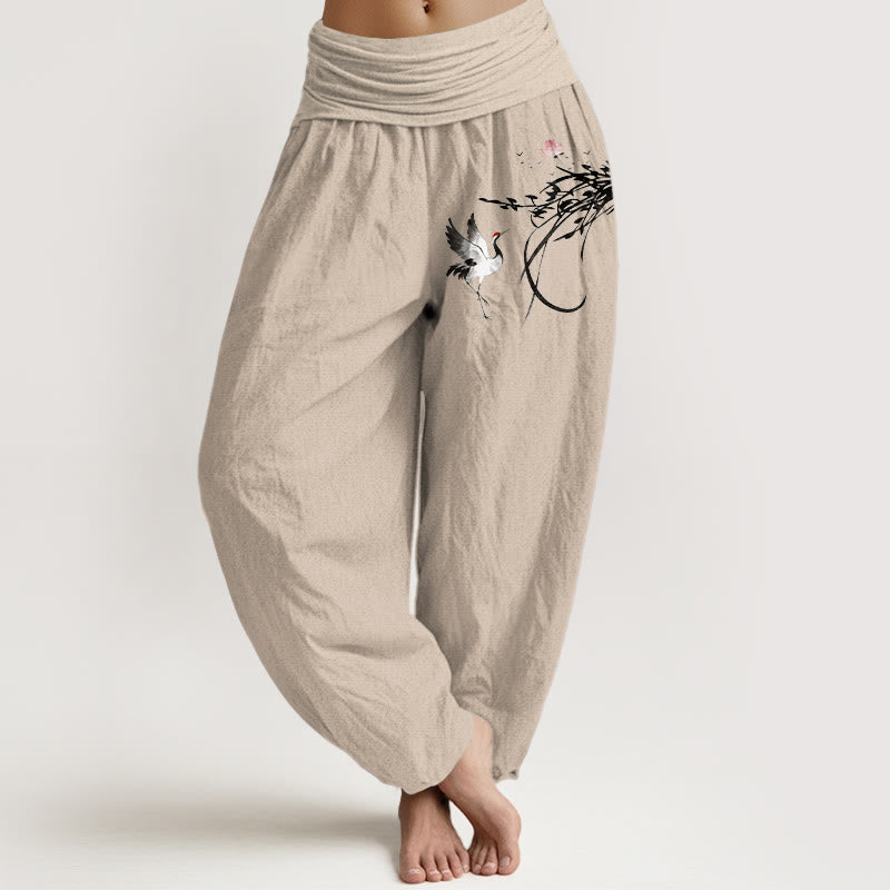 Buddha Stones Pantalon harem pour femme, en pur coton, style minimaliste, motif grue, branche de lotus et feuille, taille élastique - Tanné - US16，UK/AU20，EU48 (3XL) - image 0