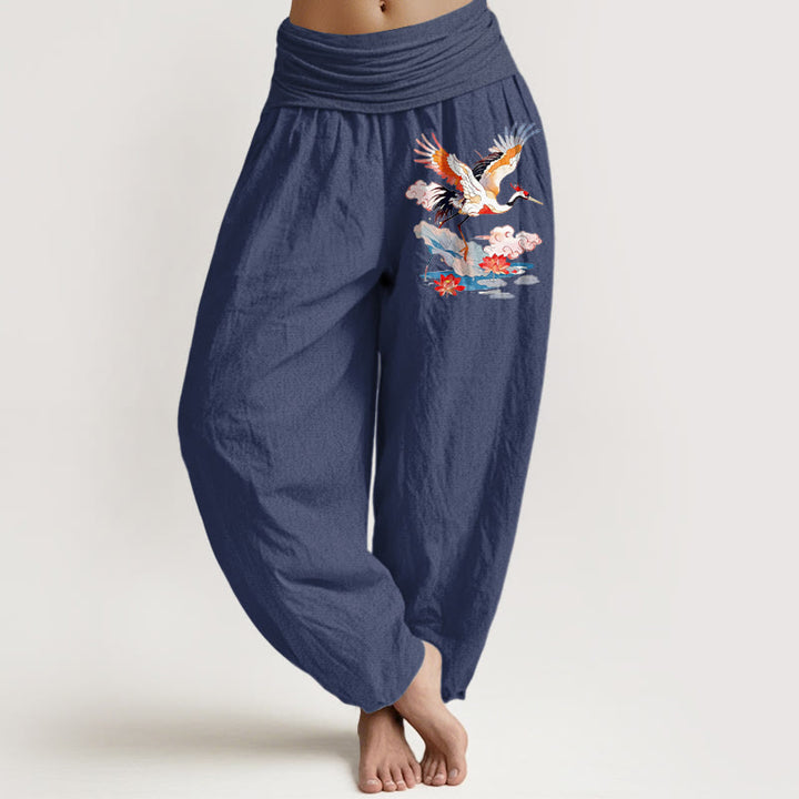 Buddha Stones Pantalon harem femme en pur coton, motif grues, feuilles de lotus, fleurs et nuages, taille élastique - Bleu ardoise foncé - US16，UK/AU20，EU48 (3XL) - image 5