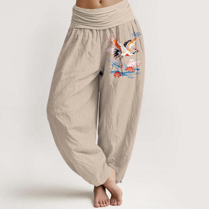 Buddha Stones Pantalon harem femme en pur coton, motif grues, feuilles de lotus, fleurs et nuages, taille élastique - Tanné - US16，UK/AU20，EU48 (3XL) - image 11