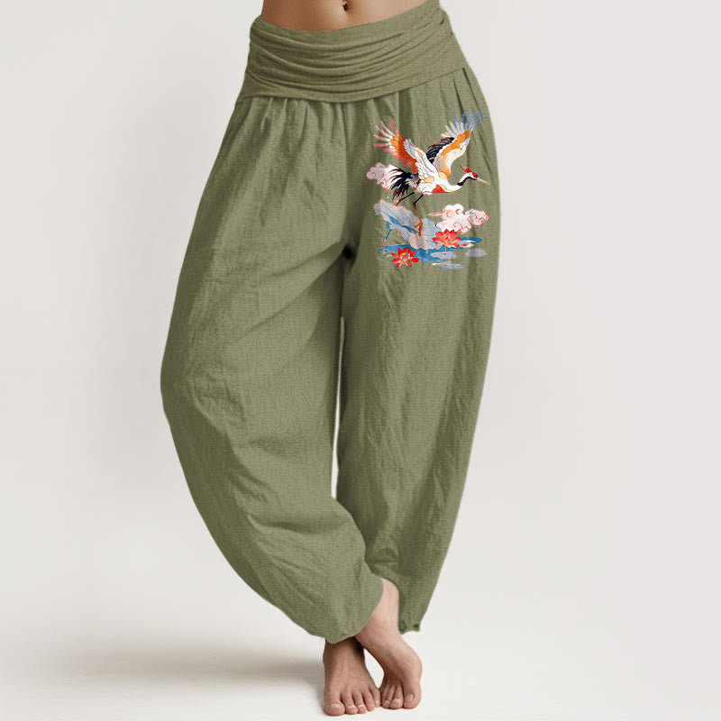 Buddha Stones Pantalon harem femme en pur coton, motif grues, feuilles de lotus, fleurs et nuages, taille élastique - Vert olive - US16，UK/AU20，EU48 (3XL) - image 14