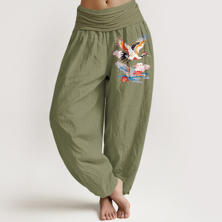 Buddha Stones Pantalon harem femme en pur coton, motif grues, feuilles de lotus, fleurs et nuages, taille élastique - Vert olive - US16，UK/AU20，EU48 (3XL) - image 14