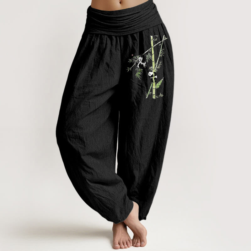 Buddha Stones Pantalon harem femme en pur coton, style simple, motif panda et bambou, taille élastique - Noir - US16，UK/AU20，EU48 (3XL) - image 0