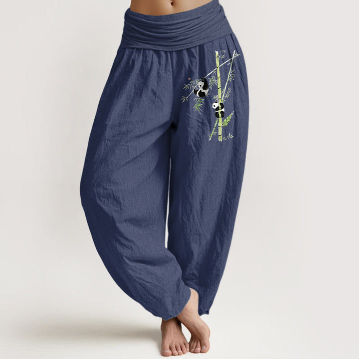 Buddha Stones Pantalon harem femme en pur coton, style simple, motif panda et bambou, taille élastique - Bleu ardoise foncé - US16，UK/AU20，EU48 (3XL) - image 5