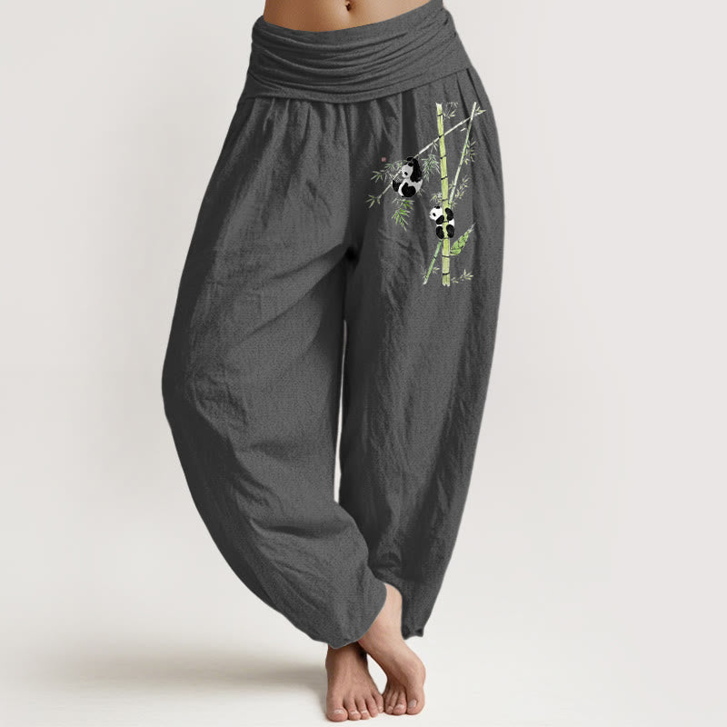 Buddha Stones Pantalon harem femme en pur coton, style simple, motif panda et bambou, taille élastique - Gris terne - US16，UK/AU20，EU48 (3XL) - image 8