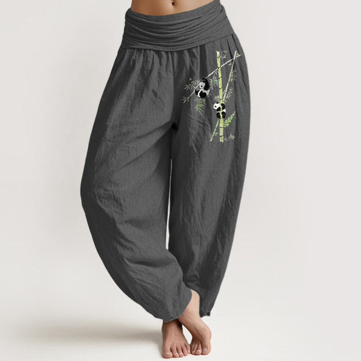 Buddha Stones Pantalon harem femme en pur coton, style simple, motif panda et bambou, taille élastique - Gris terne - US16，UK/AU20，EU48 (3XL) - image 8