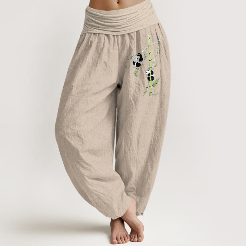 Buddha Stones Pantalon harem femme en pur coton, style simple, motif panda et bambou, taille élastique - Tanné - US16，UK/AU20，EU48 (3XL) - image 11