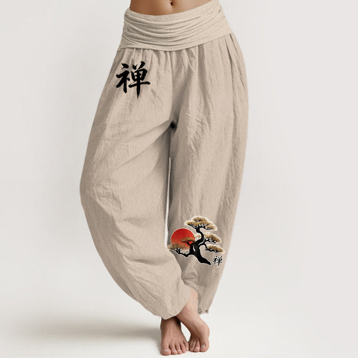 Buddha Stones Pantalon harem femme en pur coton, style simple, motif pin soleil et caractères chinois, taille élastique - Tanné - US16，UK/AU20，EU48 (3XL) - image 0