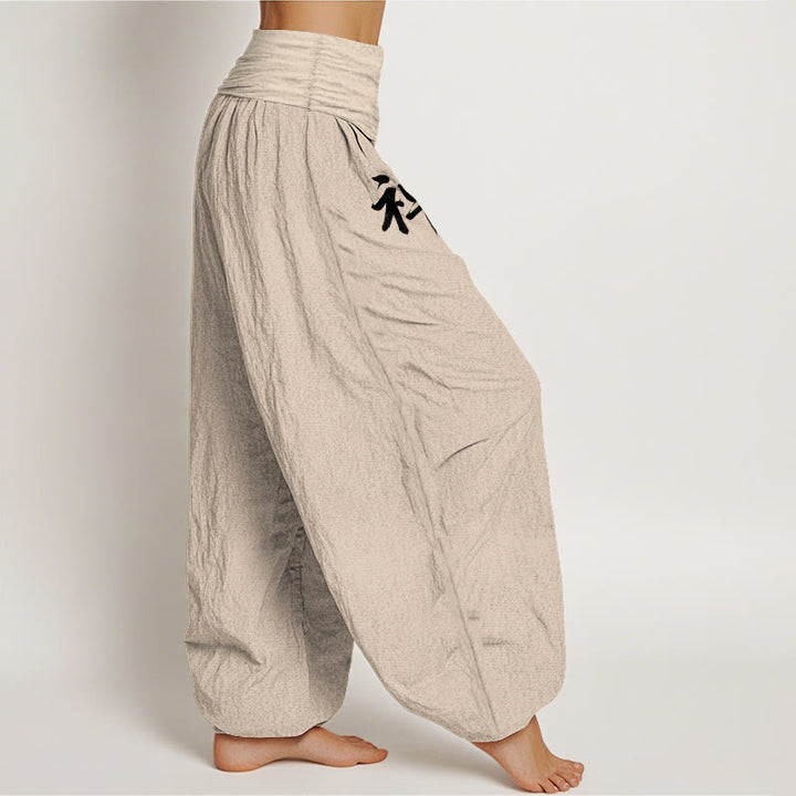 Buddha Stones Pantalon harem femme en pur coton, style simple, motif pin soleil et caractères chinois, taille élastique - image 2