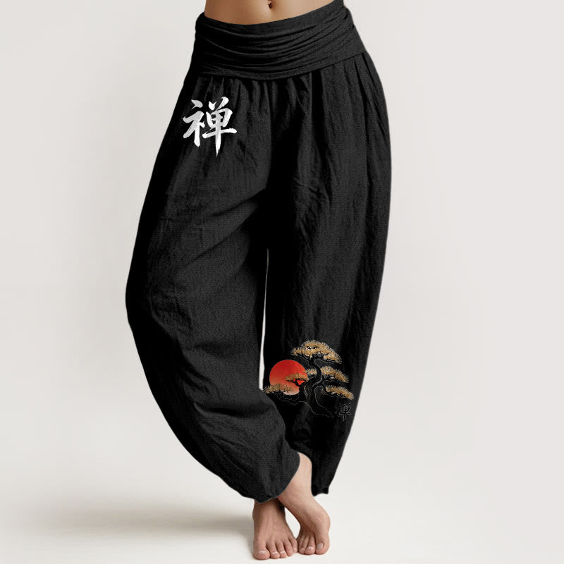 Buddha Stones Pantalon harem femme en pur coton, style simple, motif pin soleil et caractères chinois, taille élastique - Noir - US16，UK/AU20，EU48 (3XL) - image 5