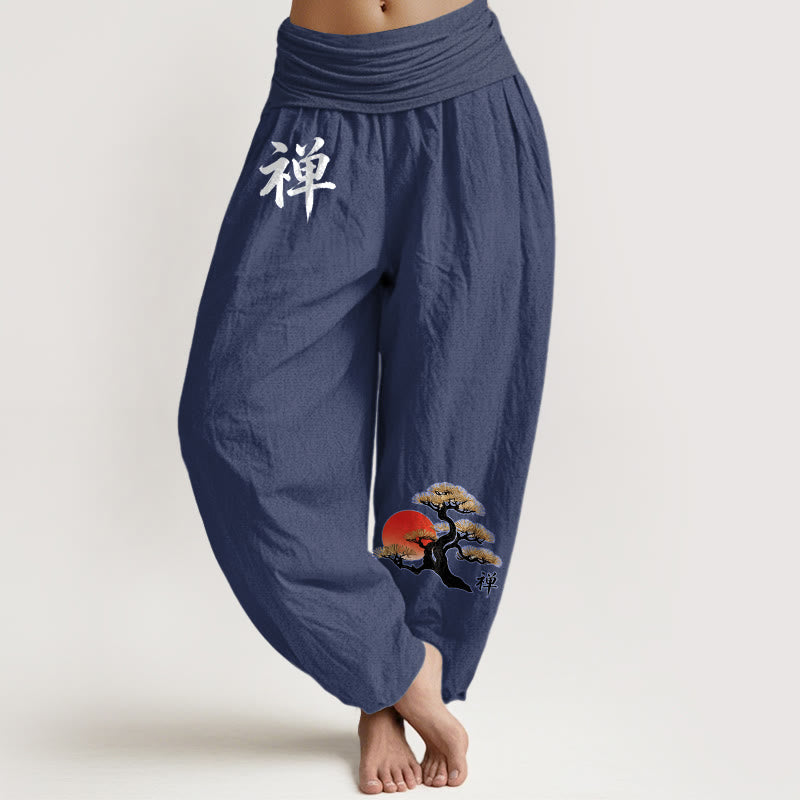 Buddha Stones Pantalon harem femme en pur coton, style simple, motif pin soleil et caractères chinois, taille élastique - Bleu ardoise foncé - US16，UK/AU20，EU48 (3XL) - image 8