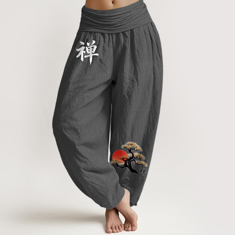 Buddha Stones Pantalon harem femme en pur coton, style simple, motif pin soleil et caractères chinois, taille élastique - Gris terne - US16，UK/AU20，EU48 (3XL) - image 11