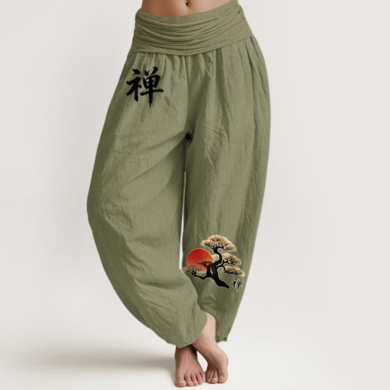 Buddha Stones Pantalon harem femme en pur coton, style simple, motif pin soleil et caractères chinois, taille élastique - Vert olive - US16，UK/AU20，EU48 (3XL) - image 14