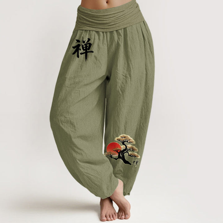 Buddha Stones Pantalon harem femme en pur coton, style simple, motif pin soleil et caractères chinois, taille élastique - Vert olive - US16，UK/AU20，EU48 (3XL) - image 14