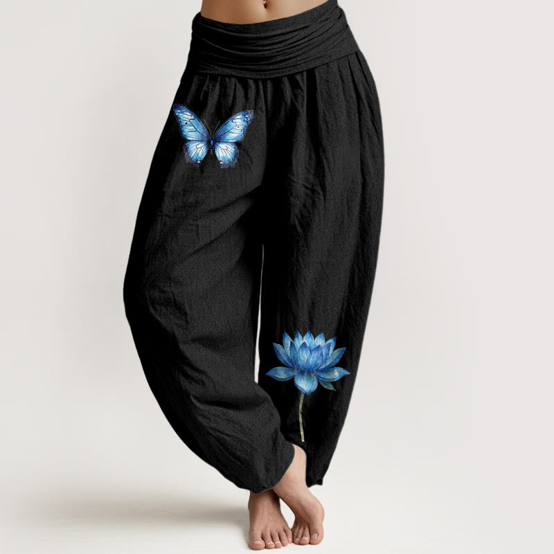 Buddha Stones Pantalon harem pour femme en pur coton à motif papillon et lotus, taille élastique. - Noir - US16，UK/AU20，EU48 (3XL) - image 0