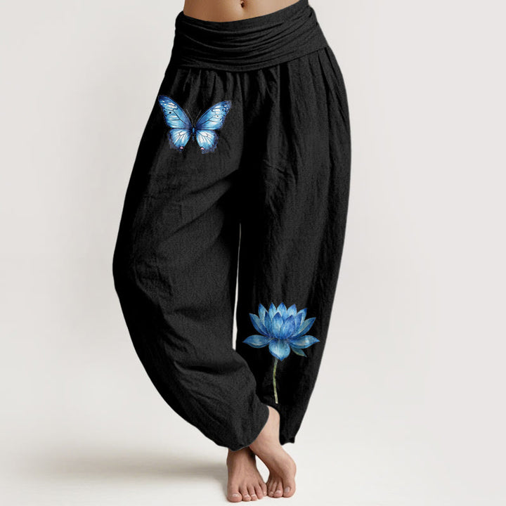 Buddha Stones Pantalon harem pour femme en pur coton à motif papillon et lotus, taille élastique. - Noir - US16，UK/AU20，EU48 (3XL) - image 0