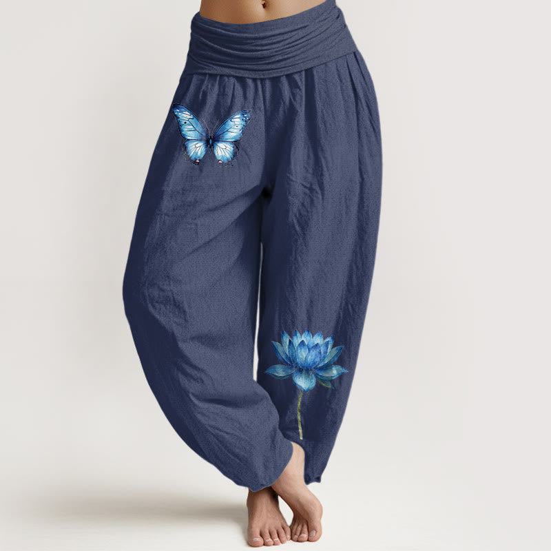 Buddha Stones Pantalon harem pour femme en pur coton à motif papillon et lotus, taille élastique. - Bleu ardoise foncé - US16，UK/AU20，EU48 (3XL) - image 5