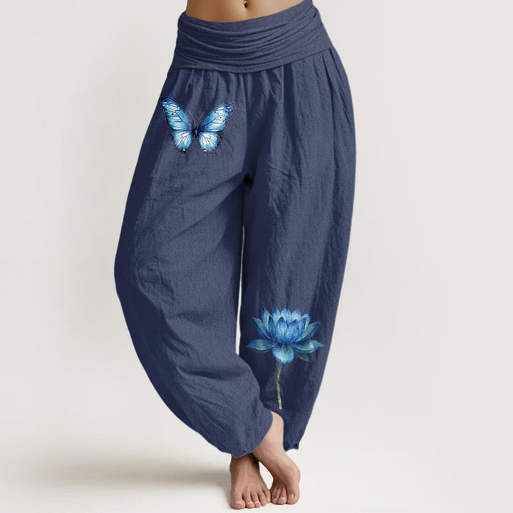 Buddha Stones Pantalon harem pour femme en pur coton à motif papillon et lotus, taille élastique. - Bleu ardoise foncé - US16，UK/AU20，EU48 (3XL) - image 5