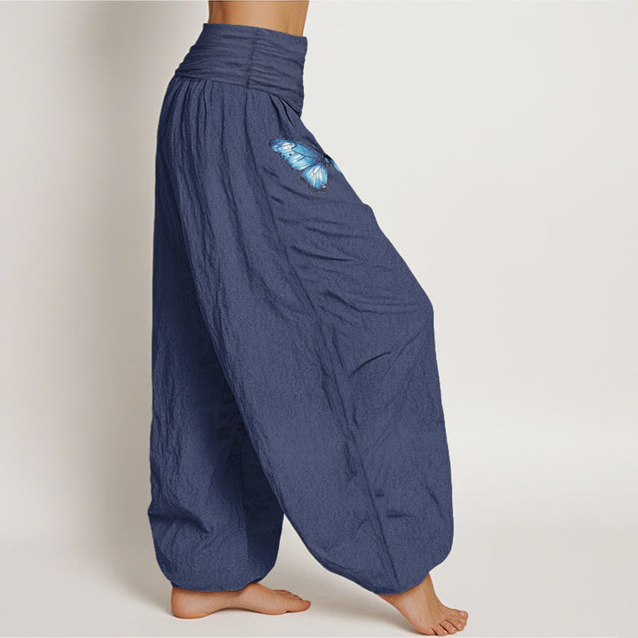 Buddha Stones Pantalon harem pour femme en pur coton à motif papillon et lotus, taille élastique. - image 7