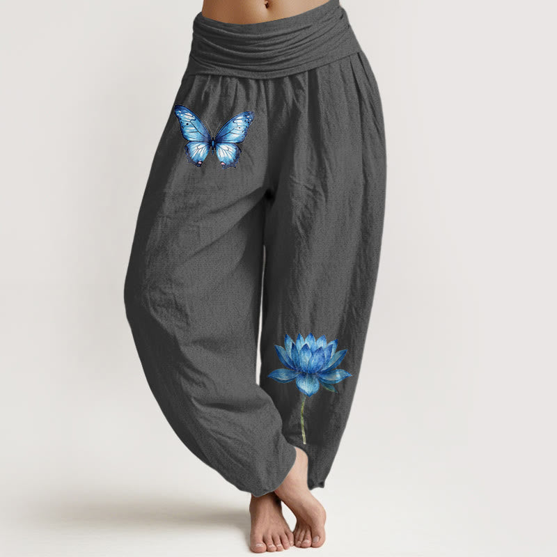 Buddha Stones Pantalon harem pour femme en pur coton à motif papillon et lotus, taille élastique. - Gris terne - US16，UK/AU20，EU48 (3XL) - image 8