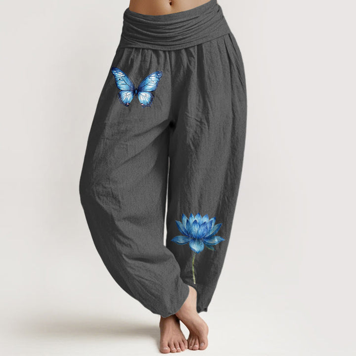Buddha Stones Pantalon harem pour femme en pur coton à motif papillon et lotus, taille élastique. - Gris terne - US16，UK/AU20，EU48 (3XL) - image 8